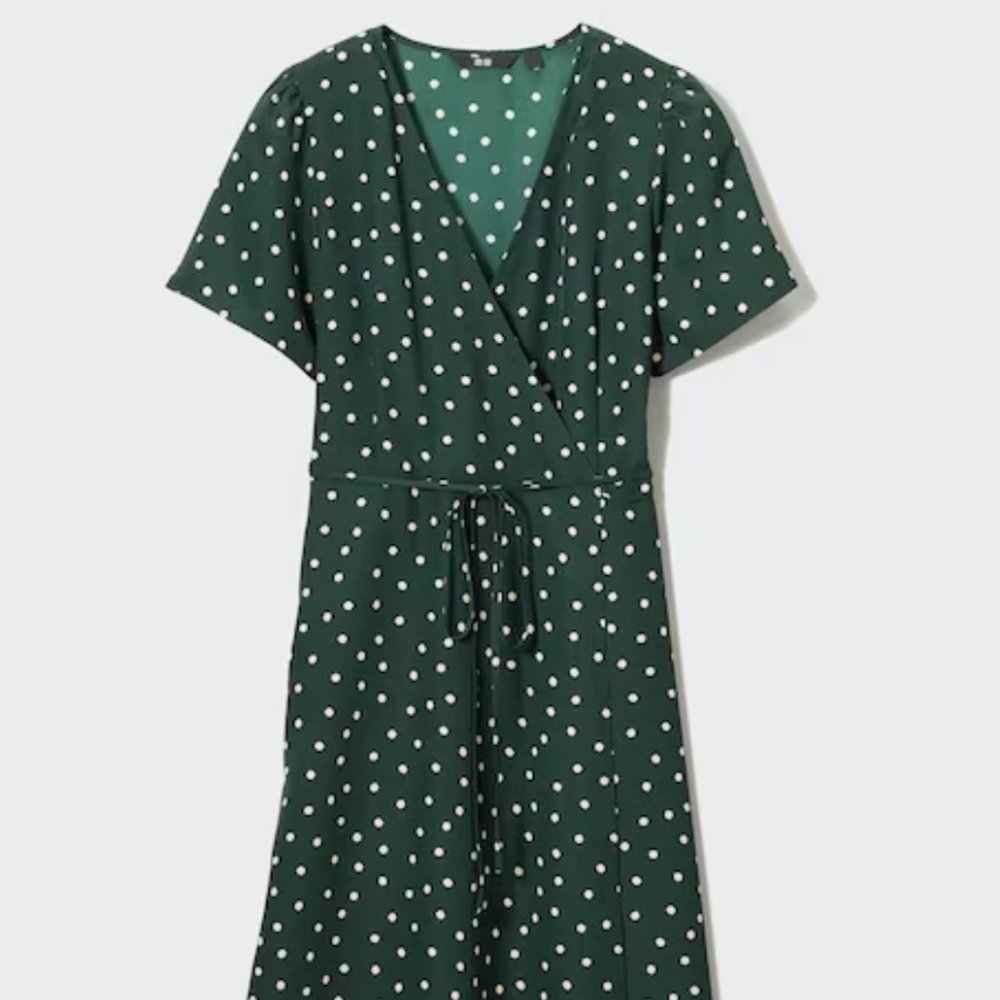 Uniqlo Printed Wrap Short-Sleeve Dress- Dark Green